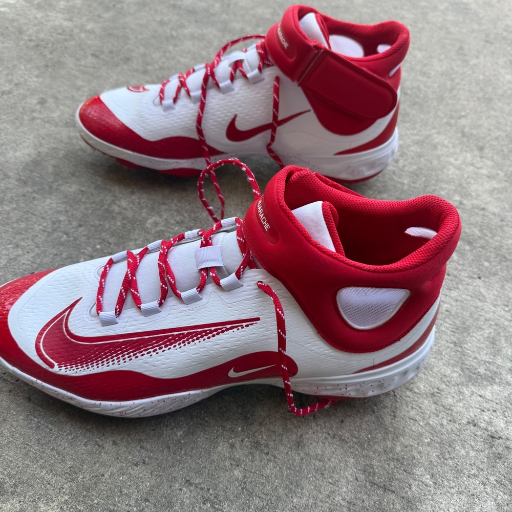 Nike‎ Alpha Huarache Elite 4 Mid Metal Baseball Cleats White Red Mens 16